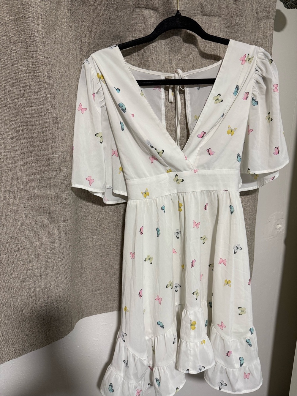 White Butterfly Print V-Neck Summer Dress